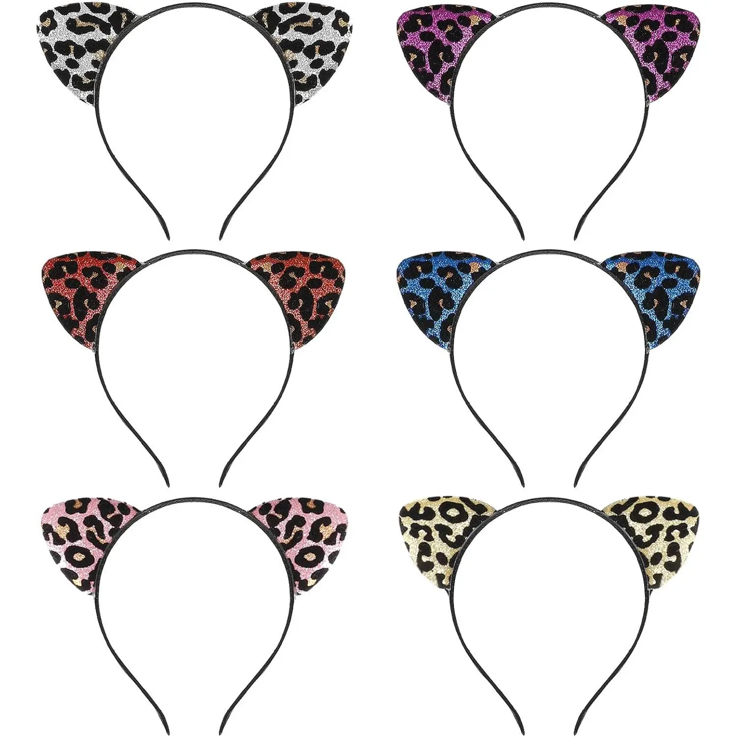 6 count Leopard  Ears Headbands Glitter Flocking  Ear Headband for Woman and Girls Party Supplies