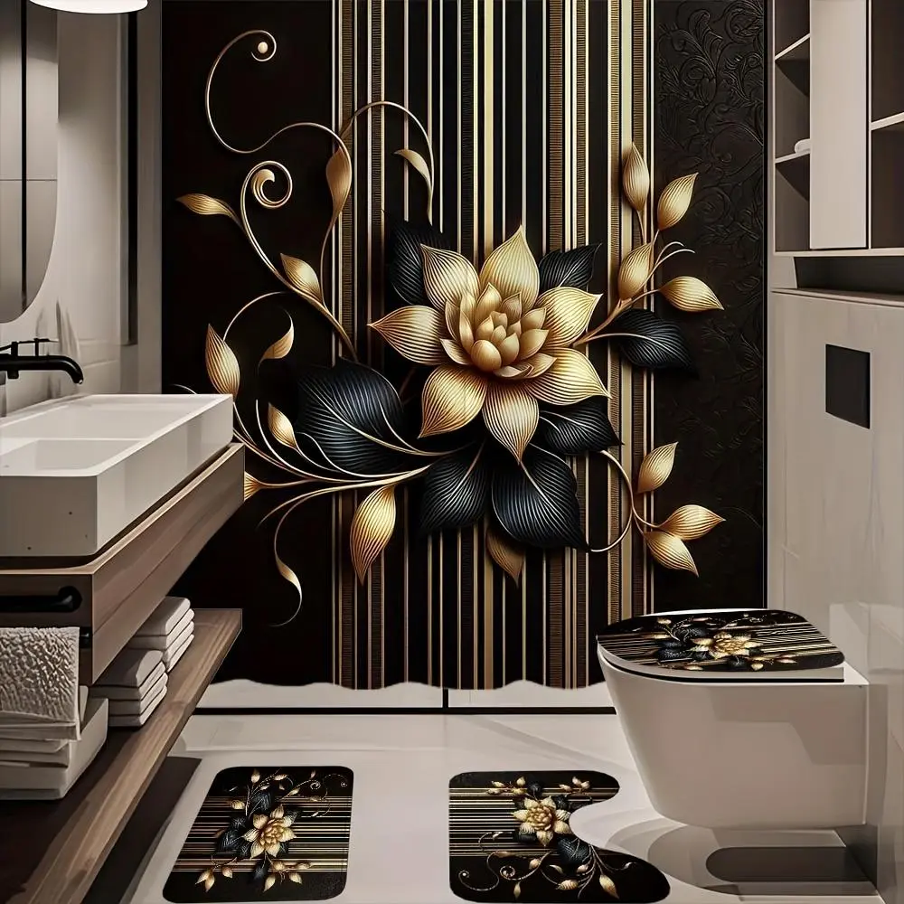 4pcs Black Golden Flower Pattern Shower Curtain Set Shower Curtain with 12 Hooks, Anti Slip Carpet, Toilet U-shaped Pad, Toilet Lid Pad 71x71 Inches.