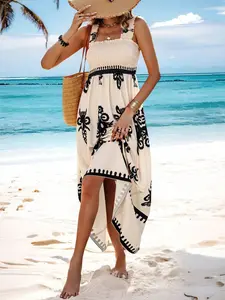 Women's Beachwear Dress, Sleeveless Vacation Style Print Wrap Chest Design, Summer Casual Fashion, Comfortable & Stylish