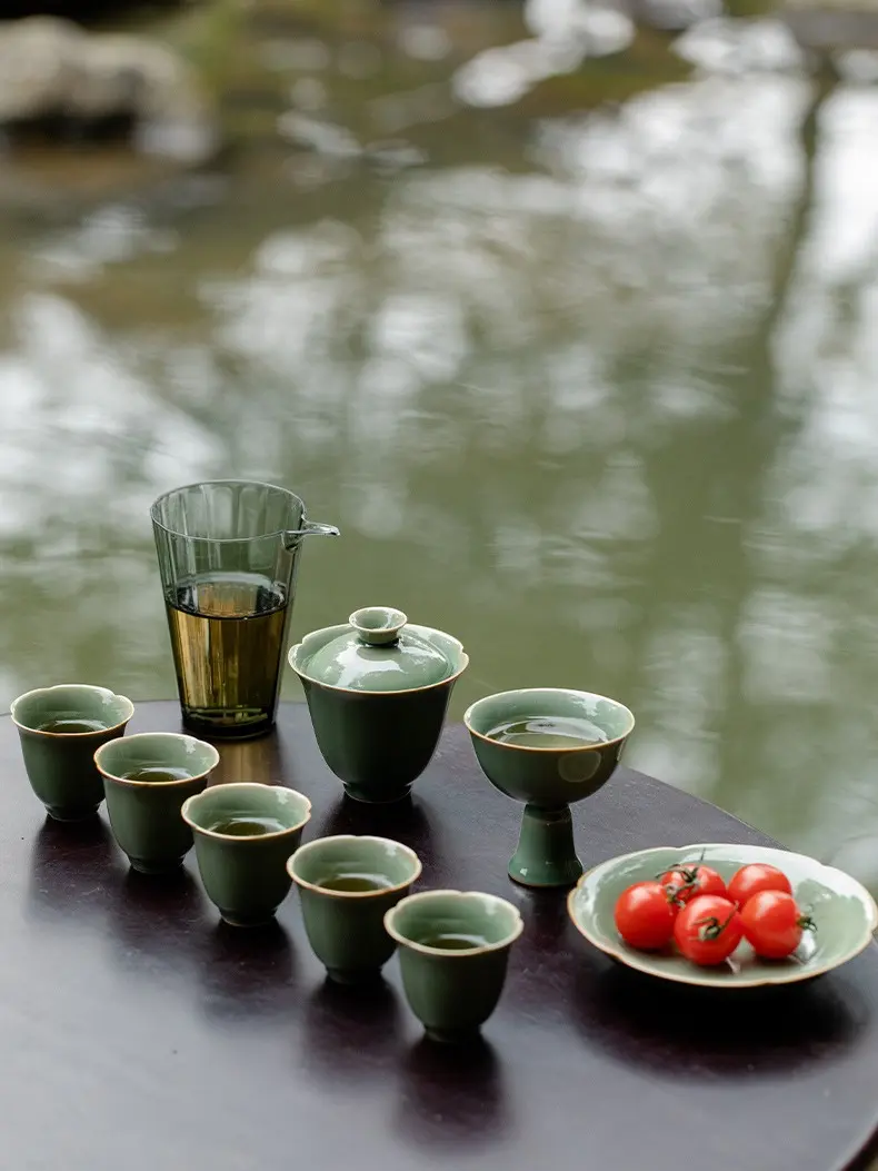 Luxury Handcrafted Celadon Gaiwan Tea Set | Literati Style Kung Fu Tea Ware, Premium Ceramic Tea Bowl & Teacups Full Set