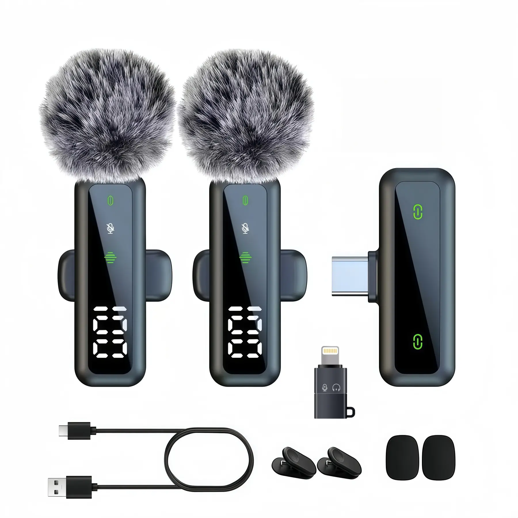 2.4 GHz RF Wireless Lapel Mic Pack - USB-C Digital Lavalier Microphone with Receiver, Lightning Compatibility, Built-in Li-Ion Battery, Noise-Canceling, Digital Display, Plug-and-Play Clip-On for Phone Video Recording