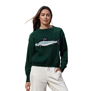 WomenKnitSweaterLongSleeveCrewNeckFishPrintPulloverWarmFallWinterTopBlueFashion