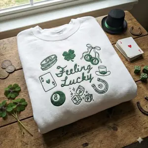 [Made in US] Embroidered Feeling Lucky Shirt, St Patricks Day Sweatshirt, St Patty's Day Shirt, Y2K Trendy Hoodie, 2000s Tee, Lucky 7 Shirt Coquette,St. Patrick’s Day Irish Crewneck, 90s Coquette Lucky Charm Pullover, Aesthetic Dice & Ribbon Holiday Top