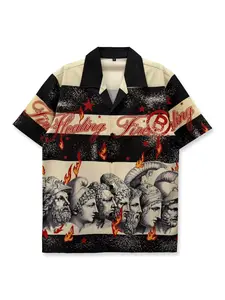 Printed Shirt, Fitted, Hip Hop Streetwear, Vintage Classic, Medieval Pattern, Letters, Stripes, Casual Fashion, Summer Hawaiian Clothing