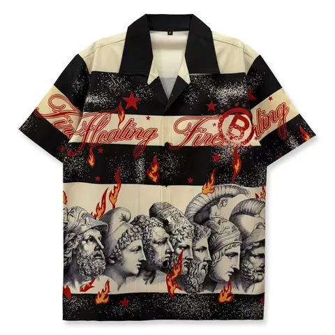 Printed Shirt, Casual Collared Shirt, Menswear, Fitted, Short, Hip Hop Streetwear, Casual Style Streetwear, Vintage Classic, Medieval Pattern, Letters, Stripes, Casual Fashion, Summer Hawaiian Clothing, Aesthetic, Beachy Shirt