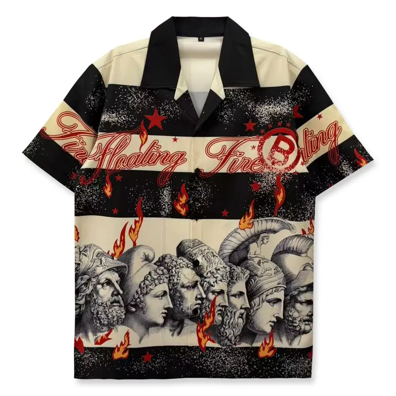 Printed Shirt, Casual Collared Shirt, Menswear, Fitted, Short, Hip Hop Streetwear, Casual Style Streetwear, Vintage Classic, Medieval Pattern, Letters, Stripes, Casual Fashion, Summer Hawaiian Clothing, Aesthetic, Beachy Shirt