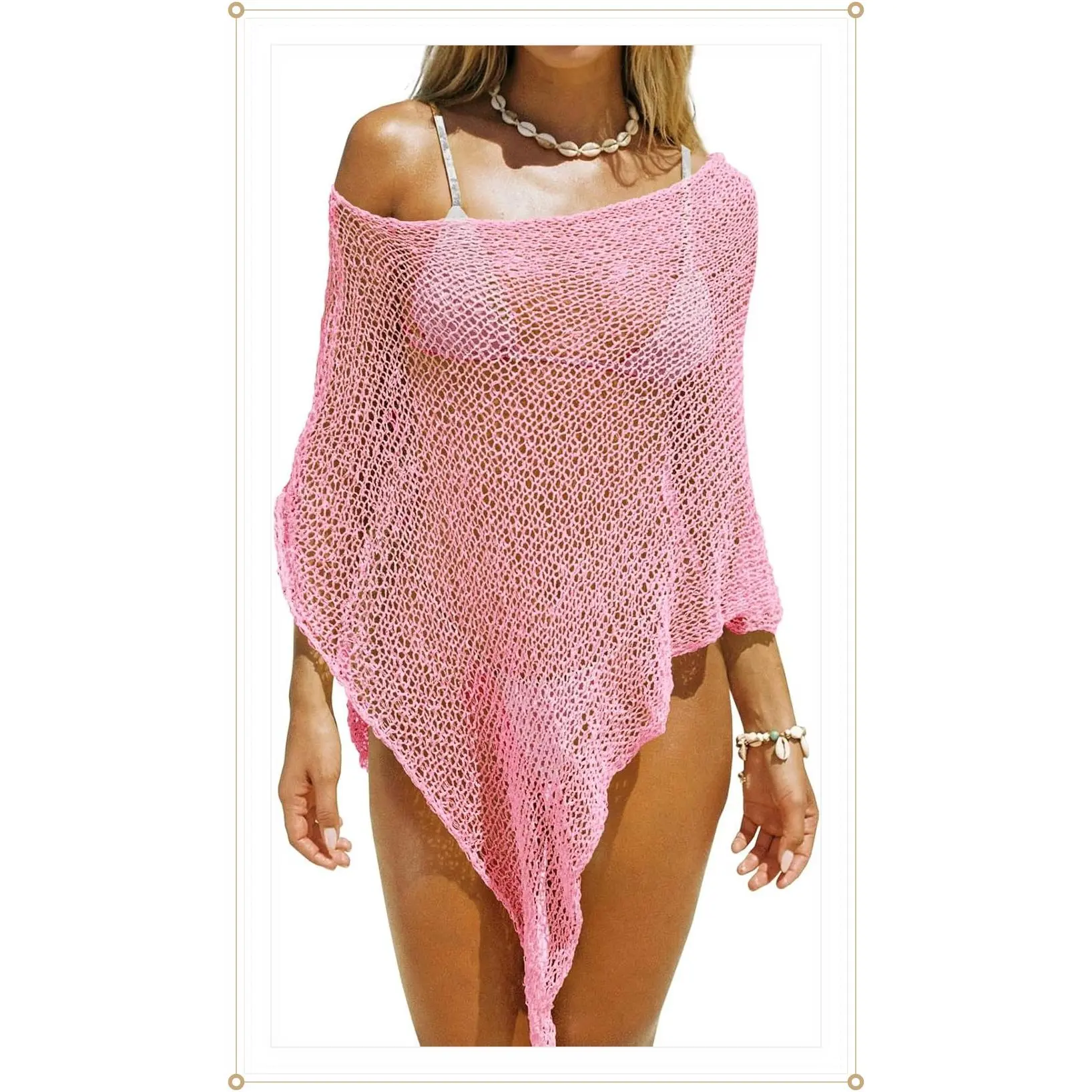 Saodimallsu Womens Sheer Beach Cover Ups Crochet Mesh Poncho Top Dresses | Lightweight Shrug,Summer Trendy,Batwing Sleeve,Boho Tops, swimsuit coverup,swimwear,bathing suit,beach dress,shawl,vacationGift