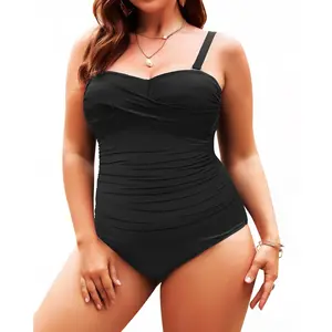 Holipick Plus Size One Piece Swimsuit Tummy Control Strapless Bathing Suits Bandeau Slimming Ruched Twist Front Swimwear