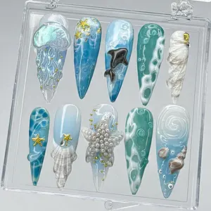 Ocean Theme Press On Nails, 3D Jellyfish Starfish Sea Shell Nail Art, Beach Summer Nails, Mermaid Core Fake Nails Set, Blue Ocean Nails