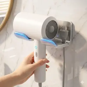 Wall Mounted Hair Dryer Holder for Bathroom, Bathroom Accessory, No Drill Adhesive Styling Tool Organizer with Hooks, Waterproof Rustproof Wall Shelf for Blow Dryer, Curling Iron, Straightener, and Hair Styling Accessories Storage.