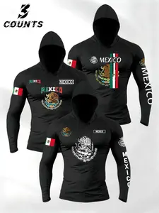 Men's 3-Pack Mexican Print Hooded Long Sleeve T-Shirts, Comfortable Athletic Fashion Activewear Sporty Casual Thin Top, Multiple Colors Available