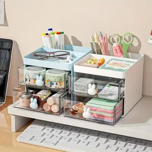 Small Office Desk Storage Box with 2 Drawers, Cute Rabbit Pen Holder Organizer, Plastic Material, &, Art Supplies Accessories