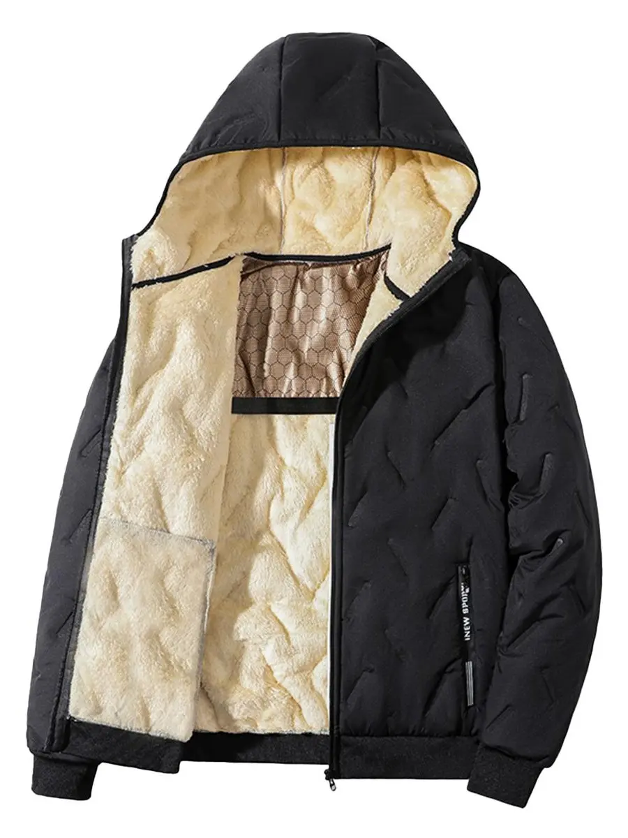 Men's Heavy-Weight Quilted Thermal Hooded Down Jacket - Plush Sherpa Fleece Lining, Windproof Outer Fabric, Functional Zipper Side Pockets, Hidden Inner Pocket, Ribbed Cuffs & Hem, Relaxed-Fit Winter Coat for Commuting, Cold Days