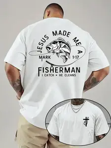 FEEGO Men's Jesus Made Me A Fisherman, Letter Print Short Sleeve Graphic Tee, Regular Fit Casual Street Round Neck T-shirt for Summer