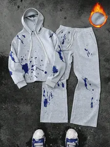 Men's Fall Winter Trendy Graphic Knit Sweatshirt Set, Tracksuit, Comfortable Drawstring Straight Leg Pants, Casual Fitted Daily Wear