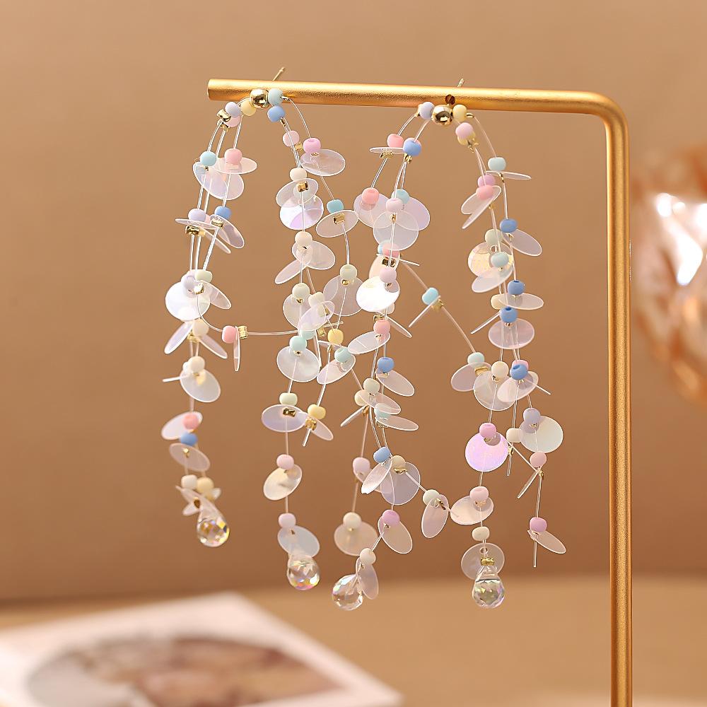 Dangle Earrings for Women, Holographic Sequin Tassel with Pastel Matte Mini Beads & Teardrop Crystal Pendants, Boho Lightweight Jewelry for Picnic Aesthetic Shooting, Beach, 1 Pair, Drop Earrings, Female, Invisible, Shimmer Brightly Under Sunlight, Thin I