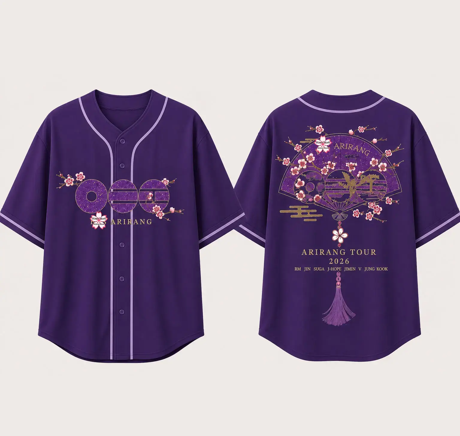 Purple Cherry Blossom Baseball Jersey Shirt, ARMY Concert Outfit 2026 World Tour Fan Graphic Short Sleeve Button Down Streetwear Top Unisex