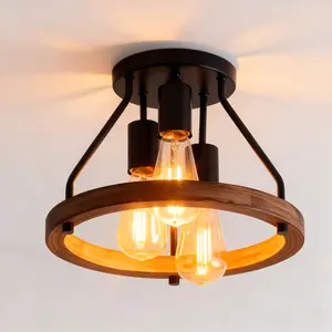 3-Light Modern Farmhouse Style Chandelier | Semi-Flush Mount with Metal End & E26 Bases Suitable for Hallway Bedroom Kitchen & Living Room Warm Ambient Lighting Rustic Style Decoration (Bulbs Not Included)