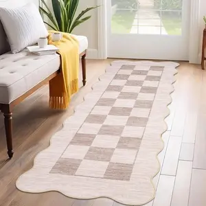Garvee Washable Scalloped Runner Rug 2x6 - Modern Checkerboard Design, Non-Slip Entryway Hallway Rug, Soft Non-Shedding Carpet, Indoor Foldable Low Pile Thin Printed Mat for Kitchen, Beige