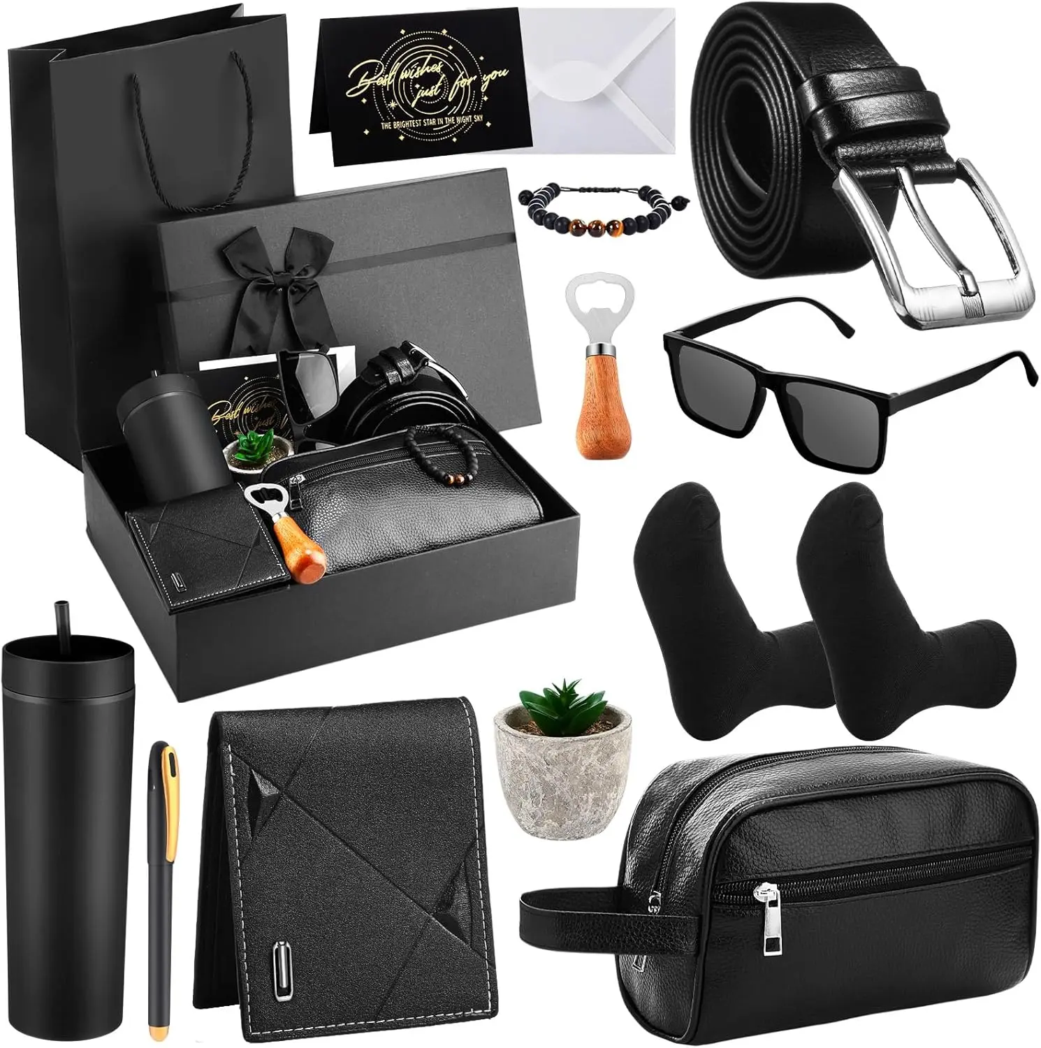 13 PCS father day Gift Basket for Men, Fathers Day Gifts for Dad, Husband & Boyfriend, Mens Gift Box Set with 16 Oz Tumbler, Wallet, Toiletry Bag, Socks, Bottle Opener, Belt, Bracelet, Sunglasses & Pen