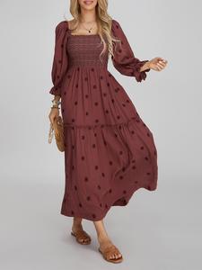 women's floral embroidery pocket shirred a line dress, boho fashion long sleeve square neck dress for daily holiday vacation wear, ladies dress for all seasons, holiday summer dress, summer wear, dresses for party, birthday dresses