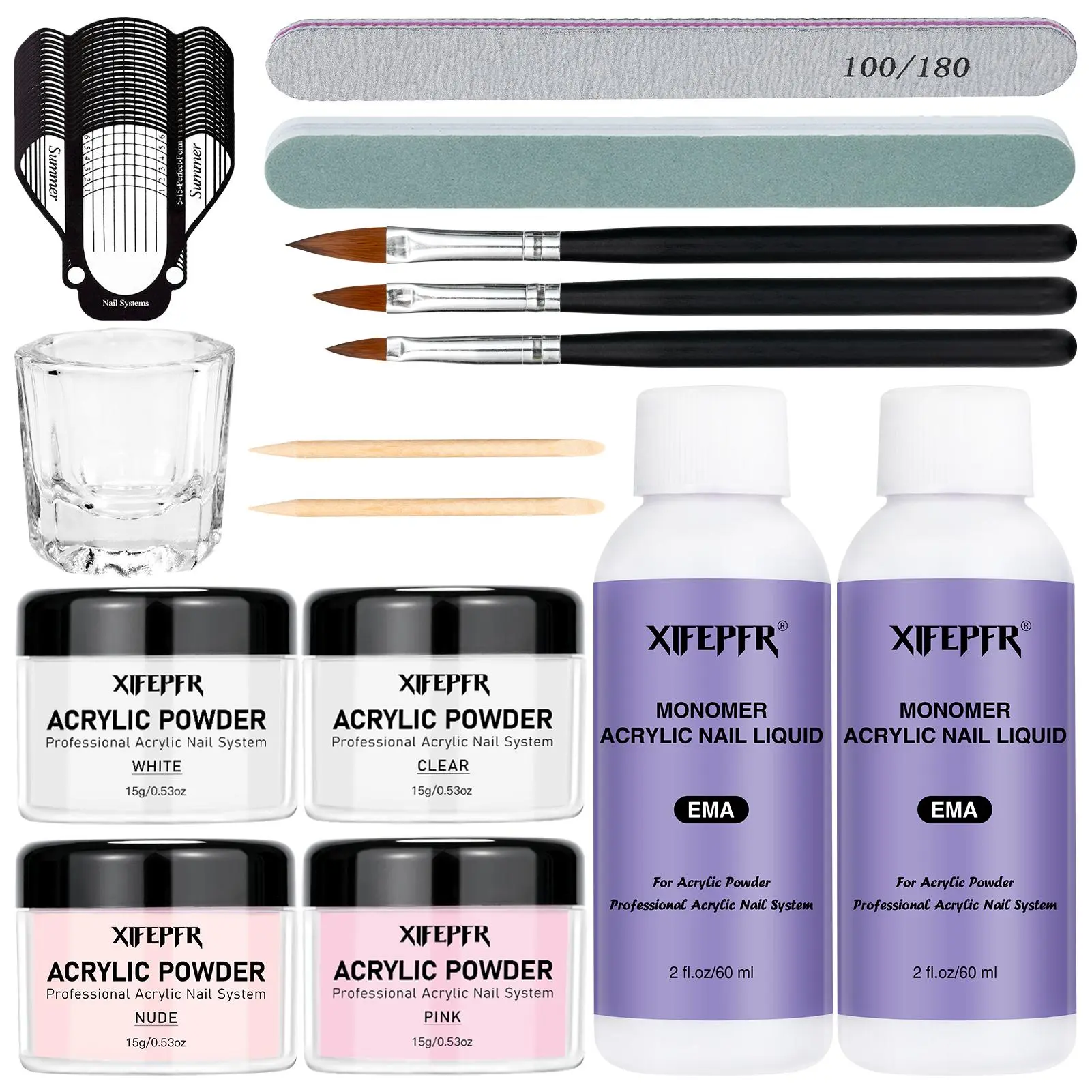XIFEPFR Acrylic Nail Kit - Clear Pink White Nude Powder & Liquid Monomer Set with Brush Nail Forms Extension Kit for Beginners Home DIY Nail Art