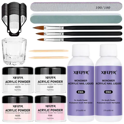 XIFEPFR Acrylic Nail Kit for Beginners - All Tools Included Extension Kit with Clear, Pink, White, Nude Powder, Liquid Monomer, Brush, Forms for Home DIY Nail Art Projects