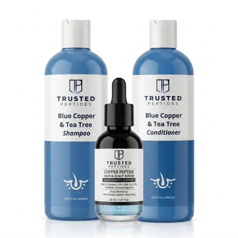 Trusted Peptides Blue Copper & Tea Tree Hair Care Set | Shampoo, Conditioner & Copper Peptide Hair & Scalp Serum Haircare Daily