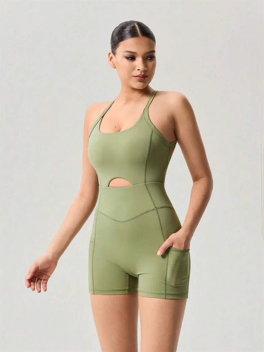 Women Sports Black JumpWomen Sports Romper With Built In Bra Cut Out Back And Knot Detail Athletic One Piece Outfit For Gym Workout Running Yoga And Summer Activewearsuits Gym Workout Wear Summer Sweat Wicking Bra-In Cut-Out Back Knotted Romper