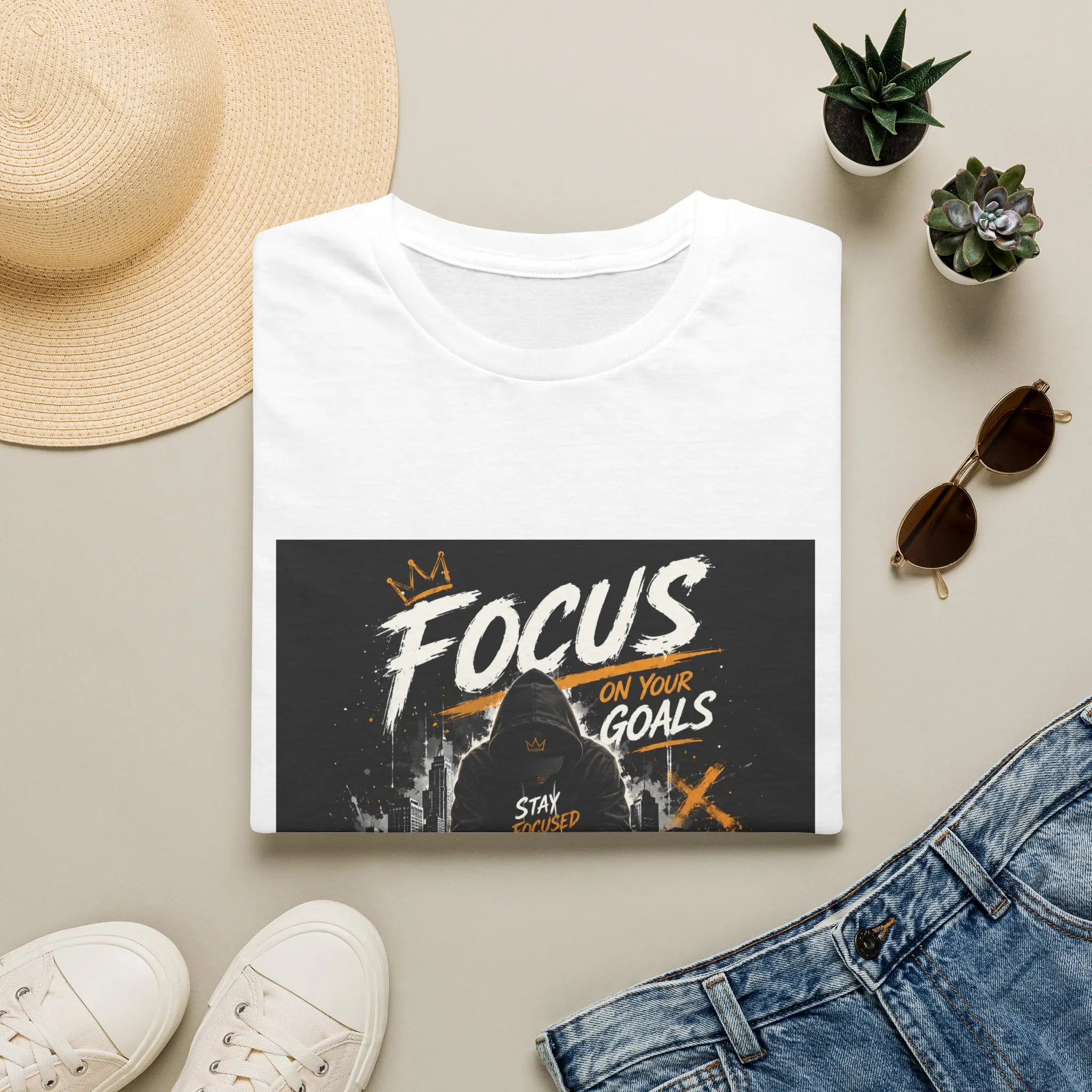 Focus On Your Goals hoodie-style graphic T-Shirt | Motivational streetwear for men<women