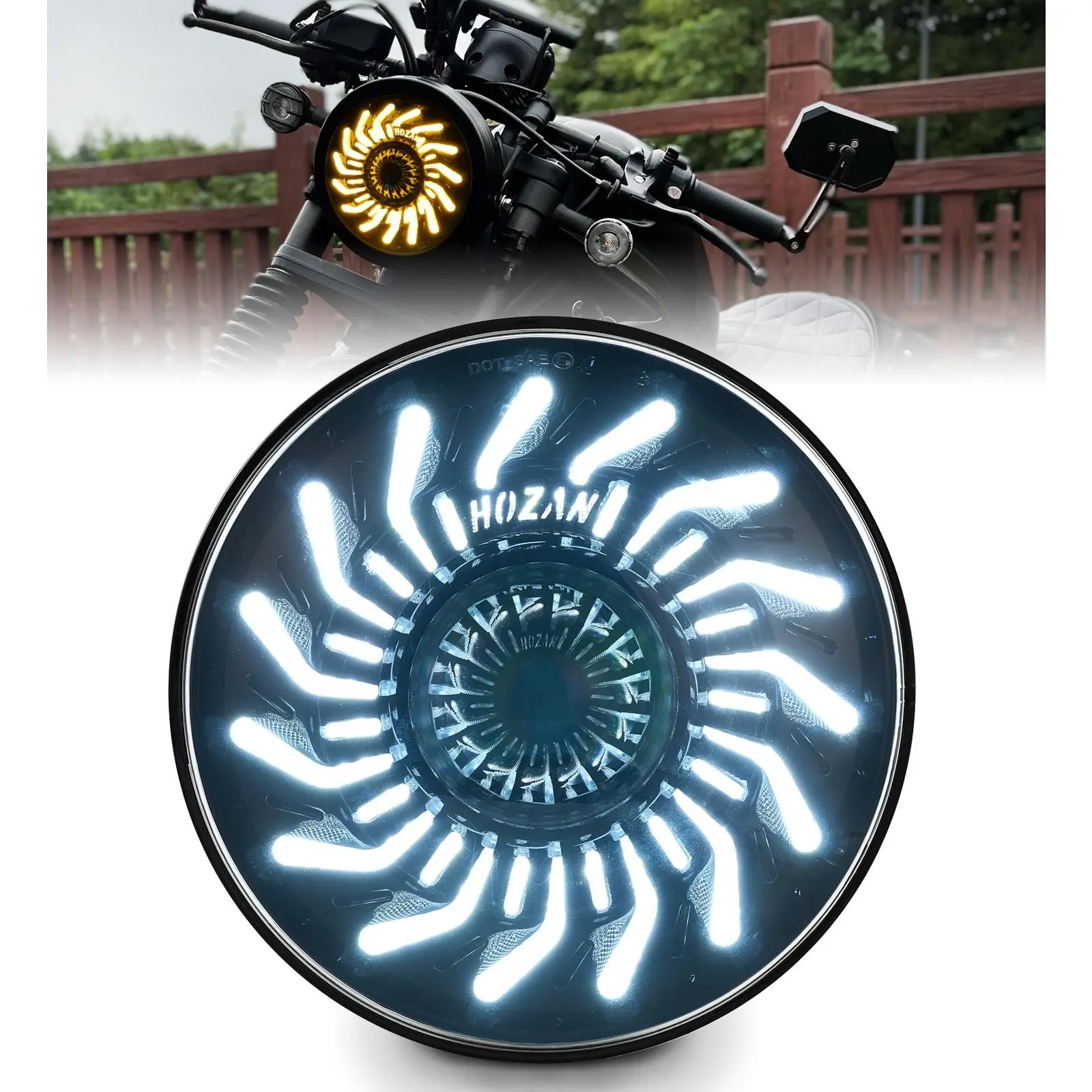 7" Motorcycle Additional Headlight with White/Amber Chrysanthemum Petal DRL, Compatible with Softail Heritage