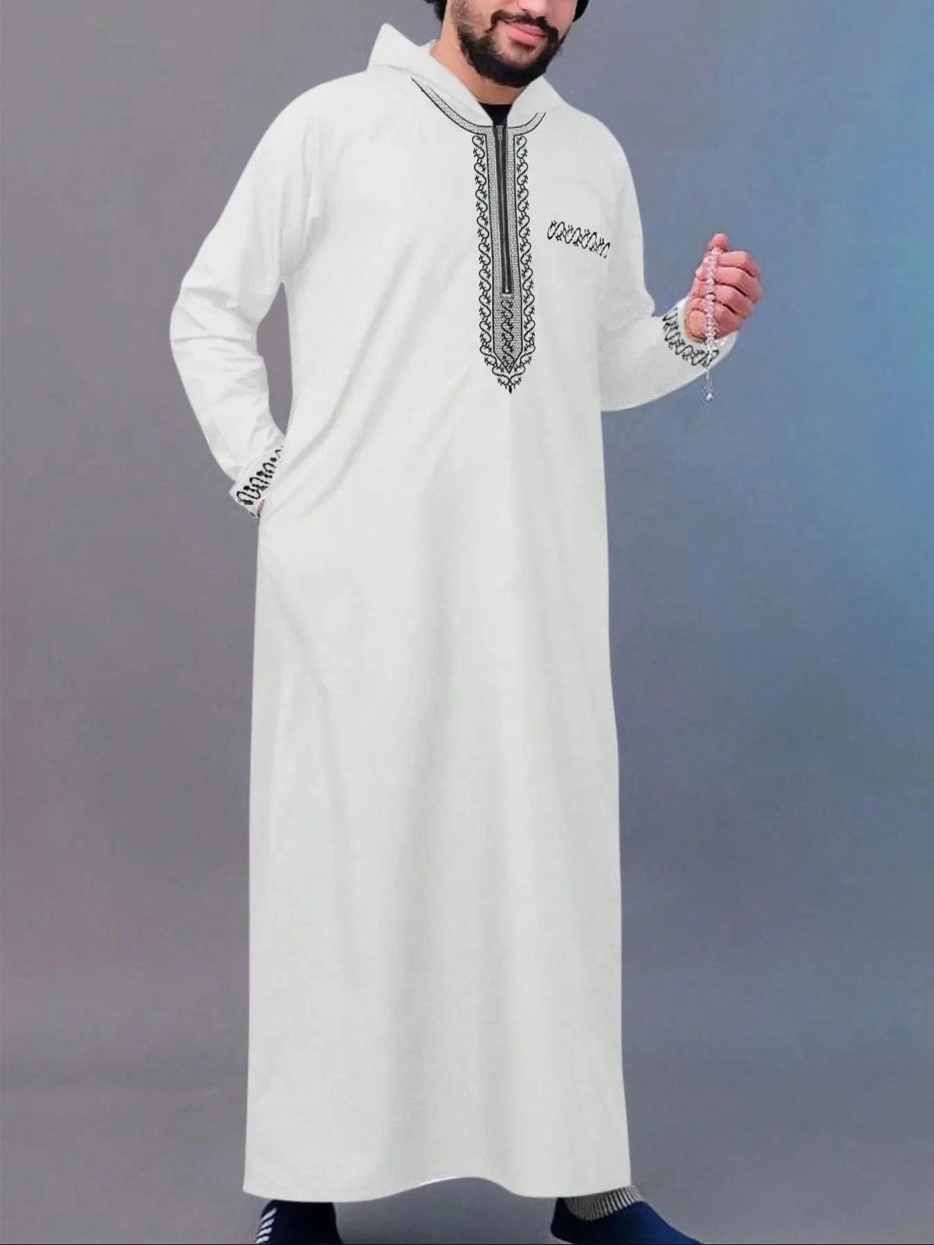 Men's Ethnic Pattern Embroidered Long Sleeve Robe Premium Traditional Authentic Saudi Thobe, Loose Traditional Arabic Robe Muslim Clothing, Men's Islamic Clothing for All Seasons, Loose Fit Jubba, Jubbah