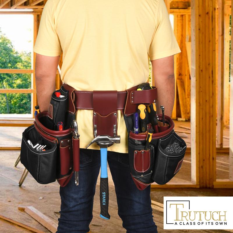 TRUTUCH Black Heavy Duty Nylon and Leather Tool Belt for Carpenters, Framers, and Electricians
