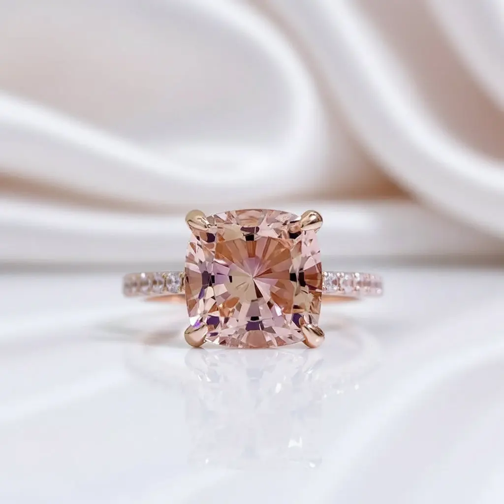 Rose Gold Cushion Cut Morganite Peachy Pink Stone Engagement Ring