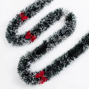 Christmas Tinsel Garland Decor, Dark Green Snowy White Tips Garland with Red Bows, Holiday Party Xmas Tree Decoration, 2 Pieces/Set, 6 ft/Piece