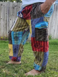 Namaste Fashionable Unisex Multicolor Handmade Hippie Patchwork Cotton Trousers for Festival Yoga - Elastic Waist & Loose Fit - Nepalese Style - All Seasons - Casual Wear