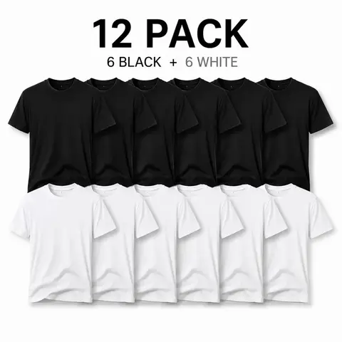 Men's Cotton-Poly Blend Casual Round Neck T-Shirts 12-Pack (6 Black+6 White) - Crew Neck, Short Sleeve, Oversized Loose-Fit, All-Season Menswear Soft Basic Streetwear Tops
