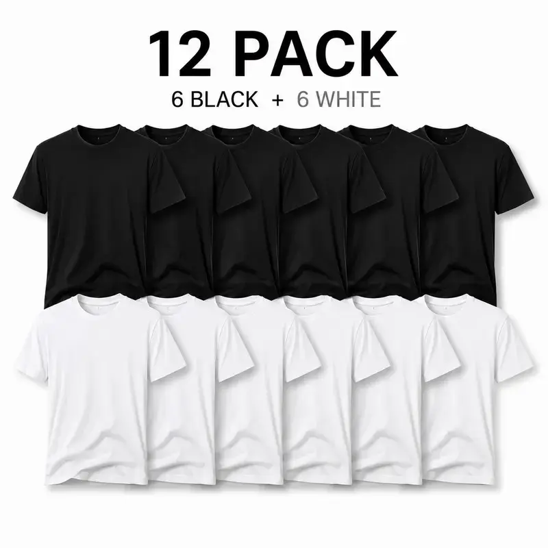 12 Pack Men's Cotton Blend T-Shirts, Unisex Vintage Aesthetic Crew Neck Tops, Loose-Fit Baggy Short Sleeve Apparel, 6 Black+6 White, Streetwear, Soft, Oversized, Basic, Round Neck