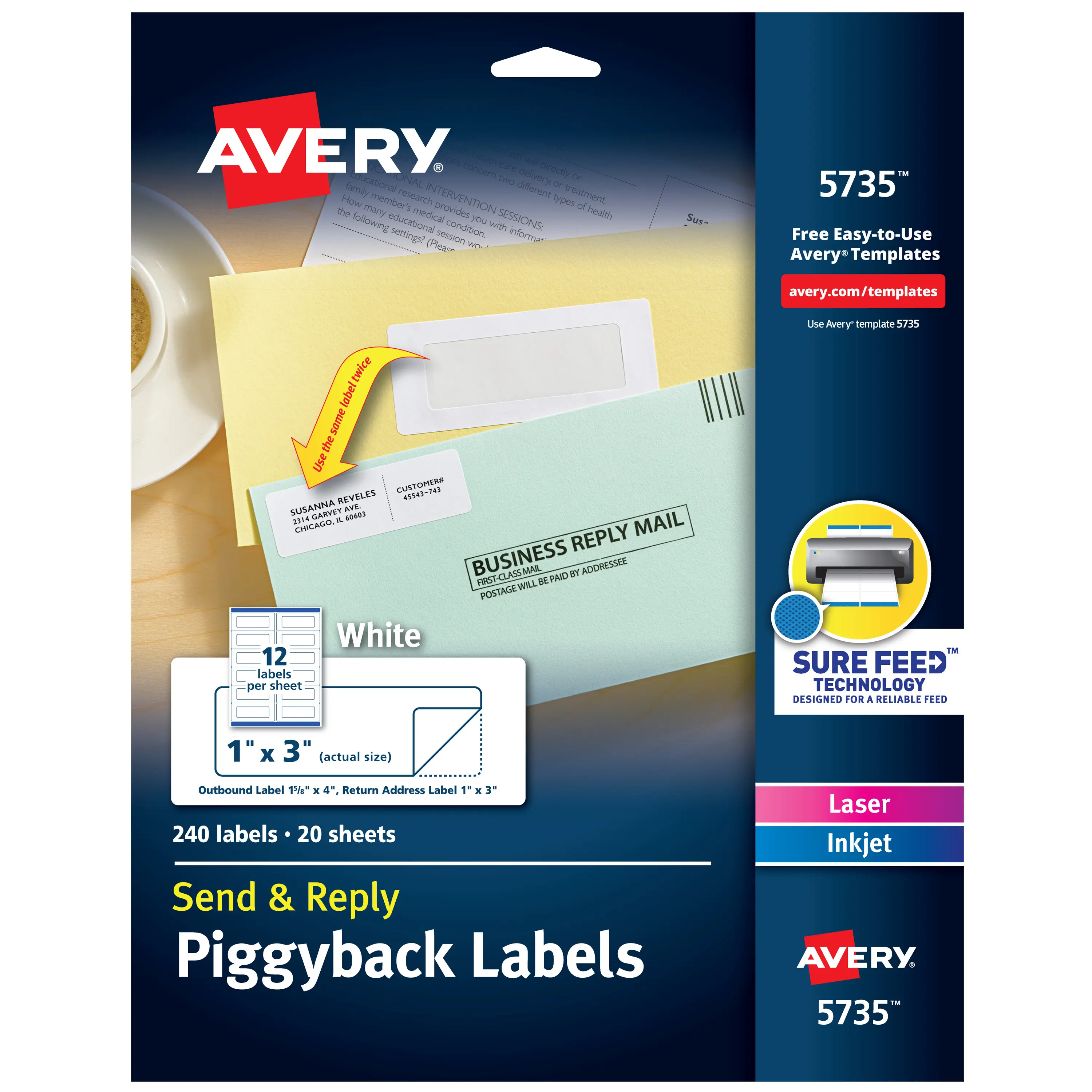 Avery Peel and Stick Send & Reply Piggyback Mailing Labels, Sure Feed Technology, 1-5/8in x 4in Outer, 1in x 3in Inner, Easy-to-Use Digital Print Stickers, Convenient for Returning Packages, 240 Labels (5735) with Free Templates, Replying To Invitations,