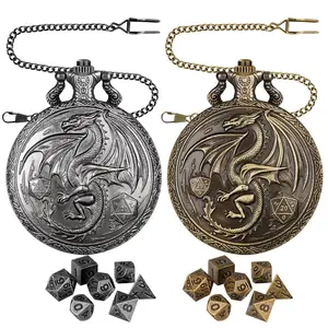 Vintage Pocket Watch Design Dice Set, 1 Count Dragon Pattern D20 Dice with Chain & 7 Counts Dice, Role Playing Game Accessories for DND, Dnd Metal Dice