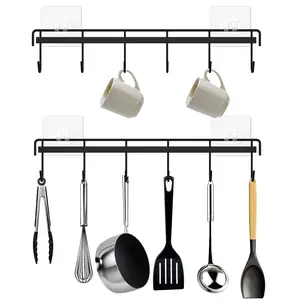 Kitchen Utensil Hanger, Adhesive Utensil Holder Wall Mount Kitchen Rack Rail with 12 Hooks, Space Saving and No Drilling, 2 Pcs