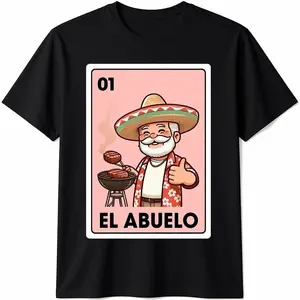 Menswear Cotton Short-Sleeve Round Neck Graphic T-Shirt - Unisex Casual Streetwear Top with El Abuelo Grilling Grandpa Mexican Bingo Card Design,summervibes