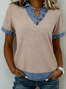 Women's Ribbed Knit Polo Shirt Denim Collar Patchwork V-Neck Button Down Short Sleeve Casual Tops Beige