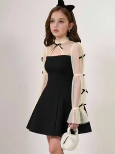 Girls Birthday Party Dress with Bow Design, Elegant Slim-Fitting A-Line Dress for Spring and Fall, Knee Length Tulle Dress for Princess Look