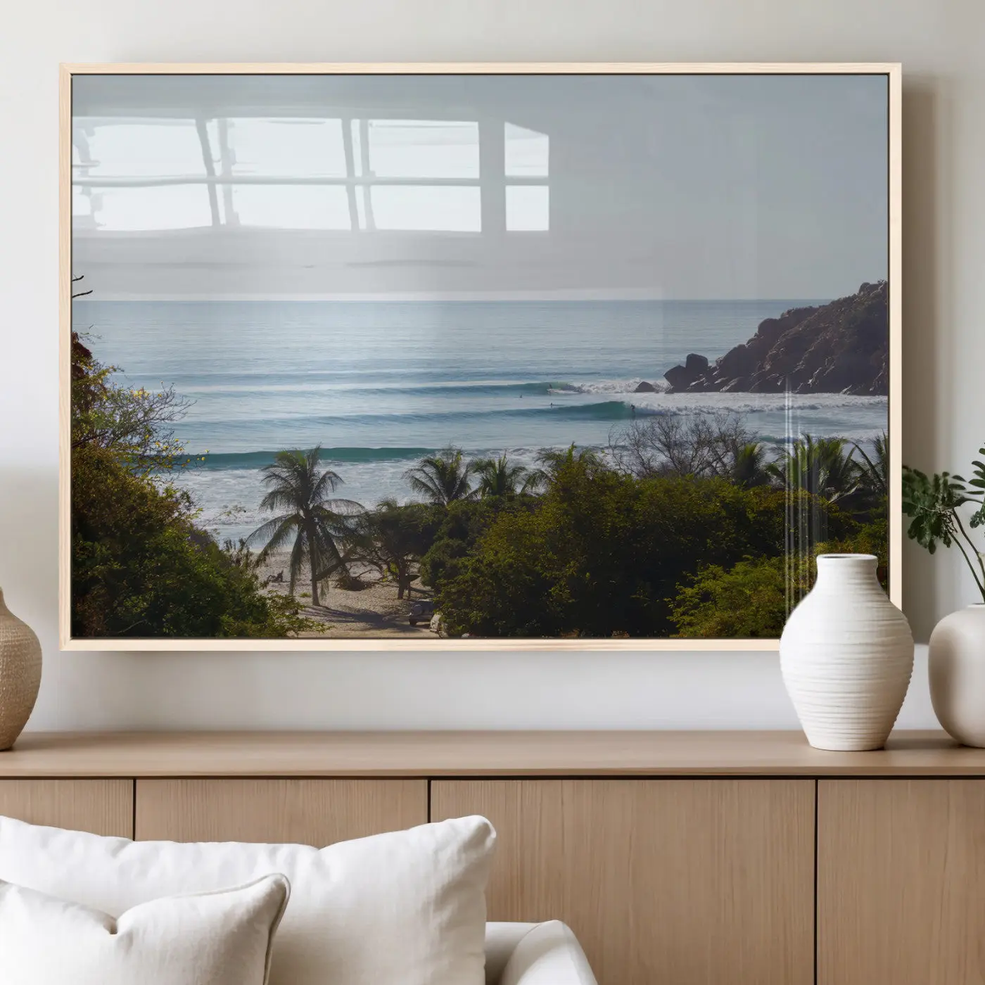 Framed Tropical Beach Scene Canvas Print - Decorative Eco-Friendly Wall Art, Ocean Waves Landscape for Home Decor, Beach Decor