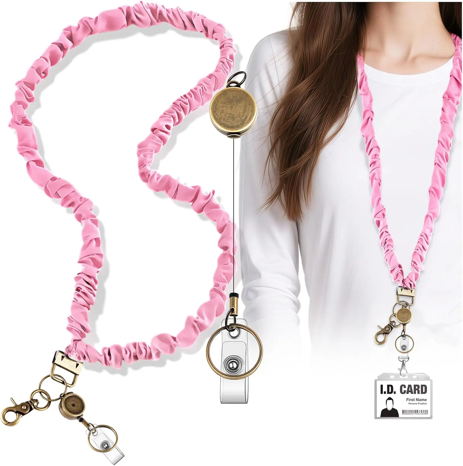 Scrunchie Lanyard Teacher for Id Badges  with Retractable Badge Reel Cute Teacher Lanyard for Women Black Nurse Stretchy Lanyards Key Lanyards with Clip Teachers Nurse Gifts Office Accessories-D