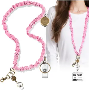 Scrunchie Lanyard Teacher for Id Badges  with Retractable Badge Reel Cute Teacher Lanyard for Women Black Nurse Stretchy Lanyards Key Lanyards with Clip Teachers Nurse Gifts Office Accessories-D