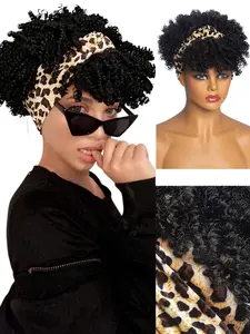 Women Synthetic Curly Hair Scarf Wig Short Leopard Print African Style Headband Wig with Bangs Afro Puffy Hairstyle Black Curly Short Hair Voluminous Short Turban Headband Wig