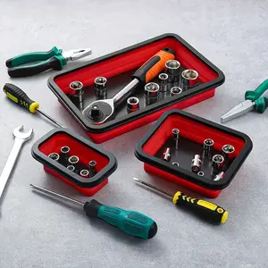 3-Piece Upgrade Collapsible Magnetic Parts Tray Set, Rectangular Silicone Organizer Tray with Strong Magnetic Base, Foldable Tool Tray for Storing and Organizing Small Parts, Nuts, Bolts and Hardware