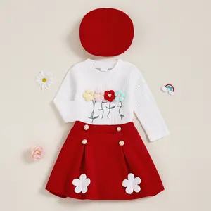 Toddler Girl Fall Outfit Crochet Flower Long Sleeve Sweatshirt with Mini A Line Skirt  and Beret 3Pcs Set